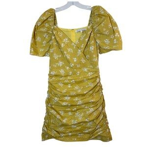Anthropologie English Factory Puff Sleeve Mini Dress Yellow Floral Polka Dot XS